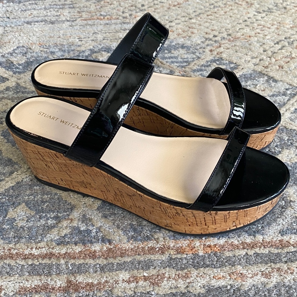 Stuart Weitzman Boardwalk Wedge Black Patent Leather Cork Wedges